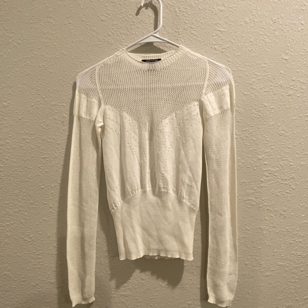 Marciano Cream Knit Crewneck Sweater with Sheer Yoke